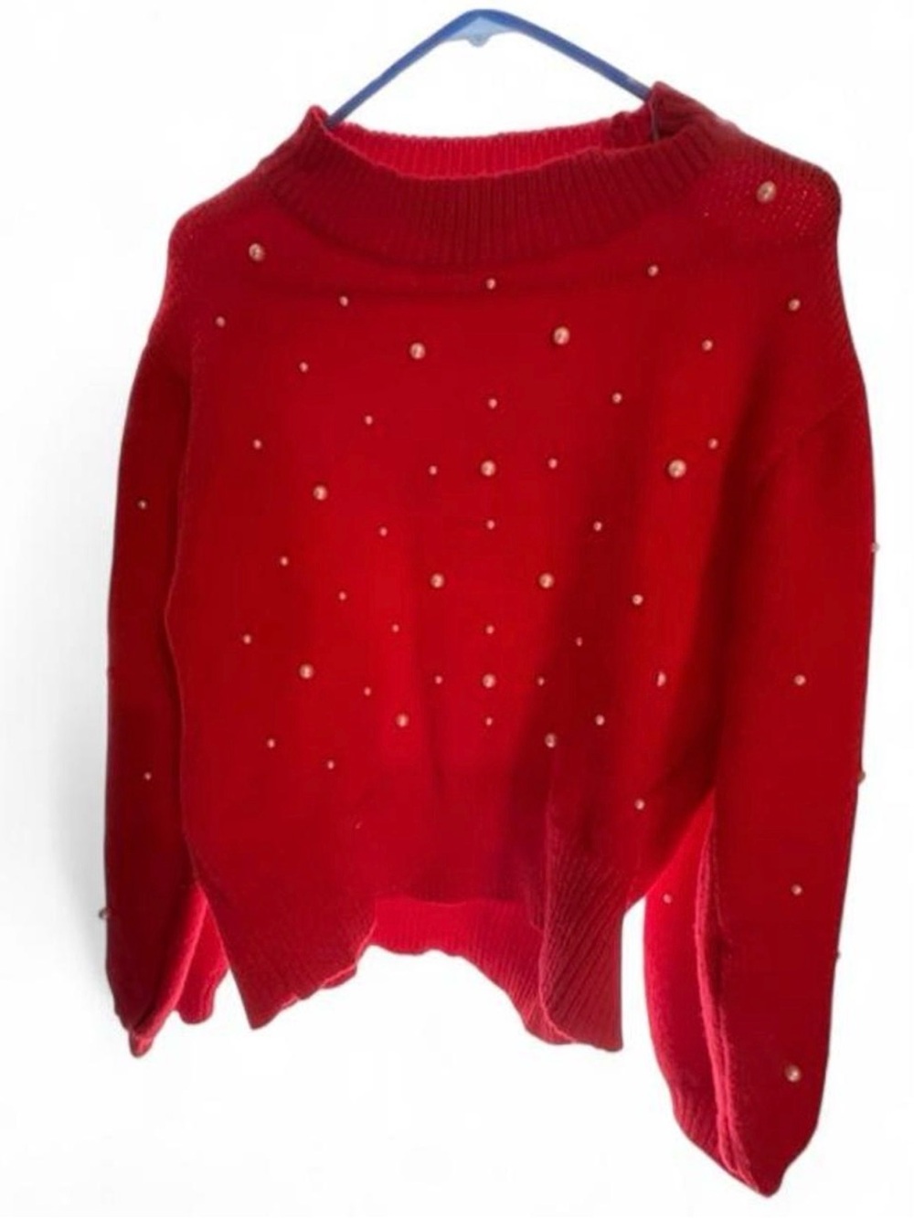 DAVI & DANI Red Pearl-Studded Turtleneck Sweater